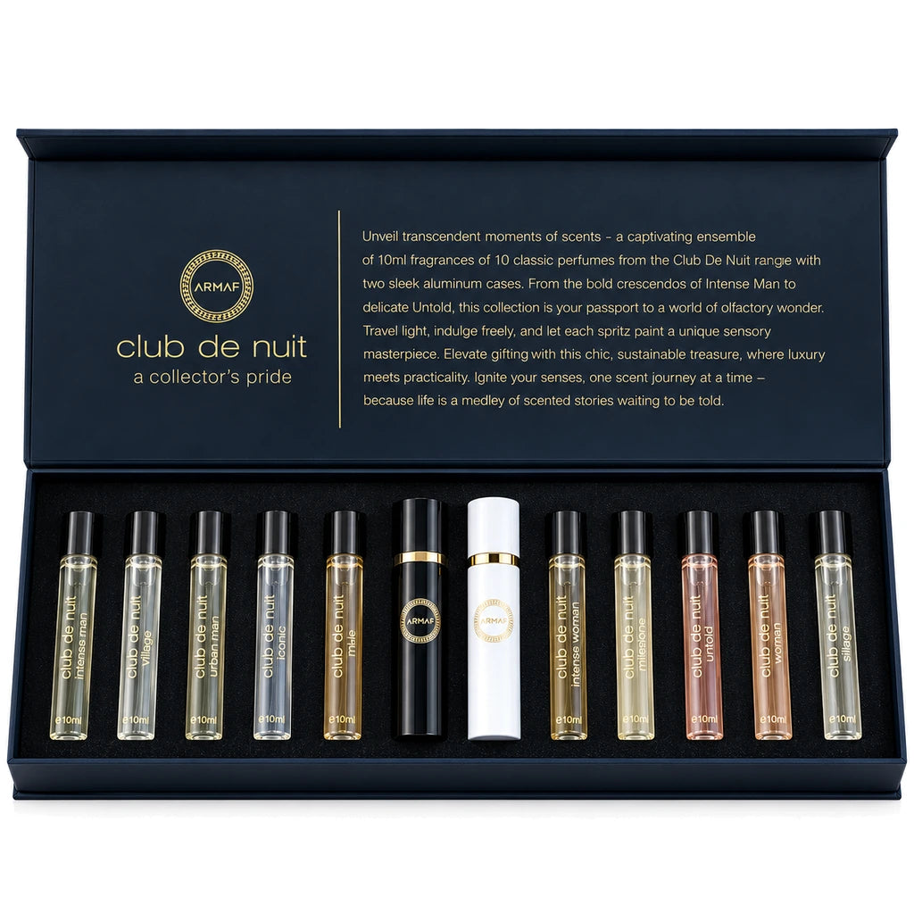 Armaf Club De Nuit discovery gift set open with ten 10ml fragrances and two atomizers