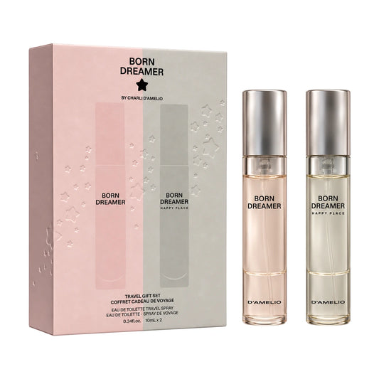 Charli d'Amelio 2x 10ml EDT Spray Gift Set Dream 10ml EDT & Happy 10ml EDT; Complete gift set with products arranged beside gift packaging