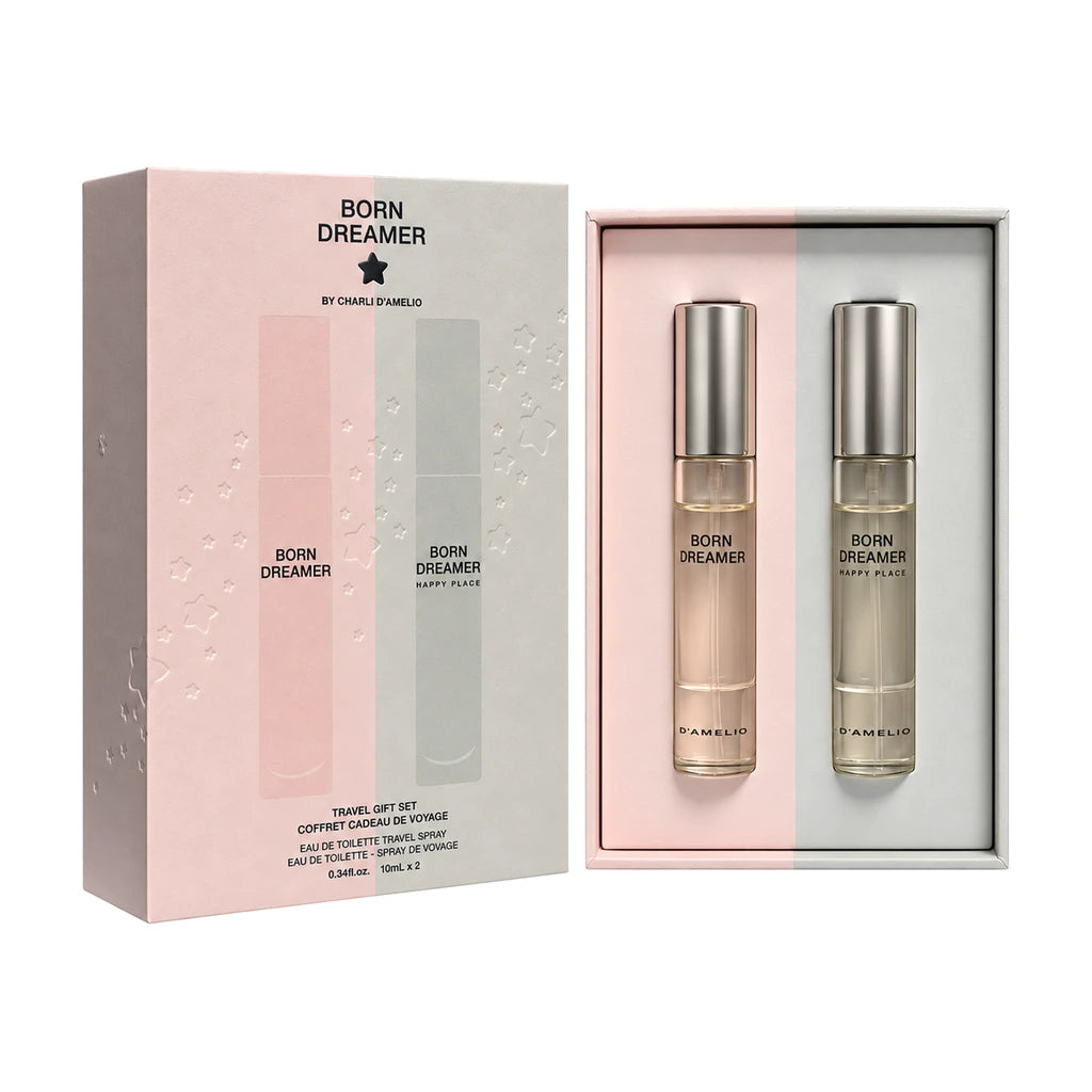 Charli d'Amelio 2x 10ml EDT Spray Gift Set Dream 10ml EDT & Happy 10ml EDT; Open gift-set presentation with contents