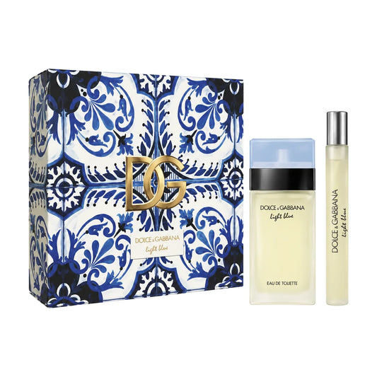 Dolce & Gabbana Light Blue 25ml EDT & 10ml EDT Gift Set – group with products alongside closed gift box