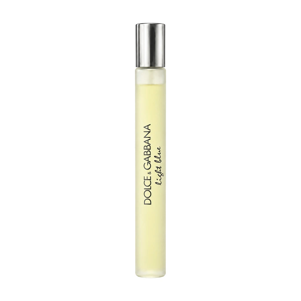 Dolce & Gabbana Light Blue 25ml EDT & 10ml EDT Gift Set – 10ml slender frosted pale yellow Light Blue travel spray, silver cylindrical cap and vertical black lettering
