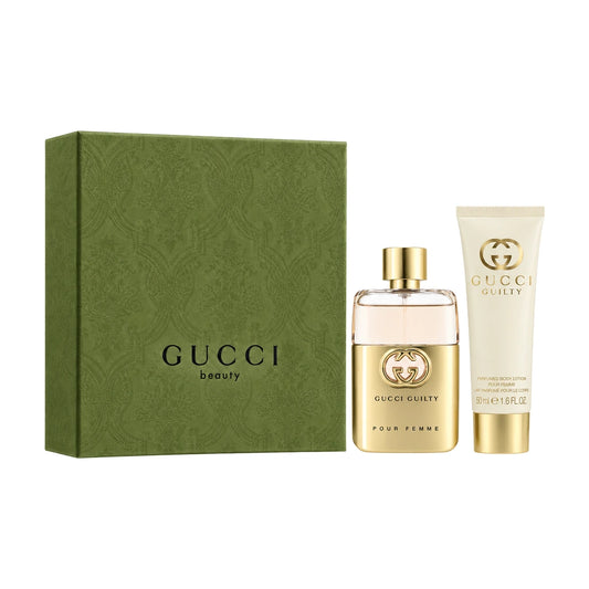 Gucci Guilty Pour Femme 50ml EDP Spray + 50ml Body Lotion Gift Set; Complete gift set with products arranged beside gift packaging