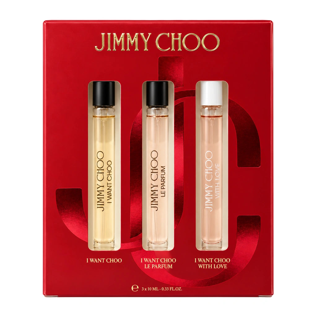 Jimmy Choo I Want Choo 3x 10ml EDP Travel Sprays Gift Set, boxed gift set with three sprays visible