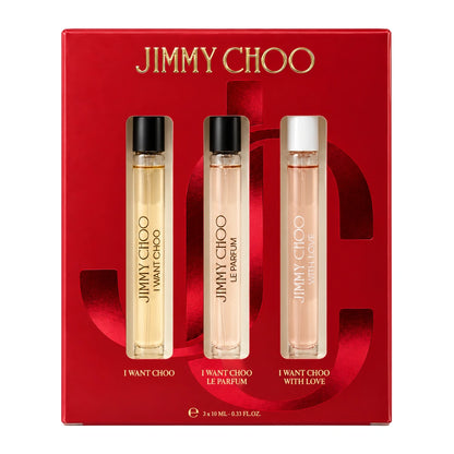 Jimmy Choo I Want Choo 3x 10ml EDP Travel Sprays Gift Set, boxed gift set with three sprays visible