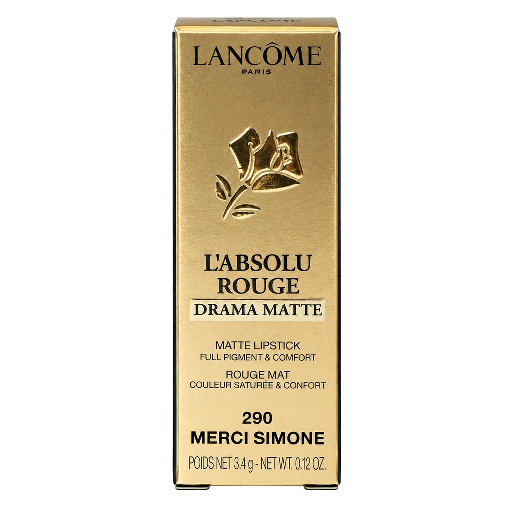 Lancôme Paris L'Absolu Rouge Drama Matte lipstick box in shade Merci Simone, featuring a metallic gold box with black text and a rose logo on a white background.