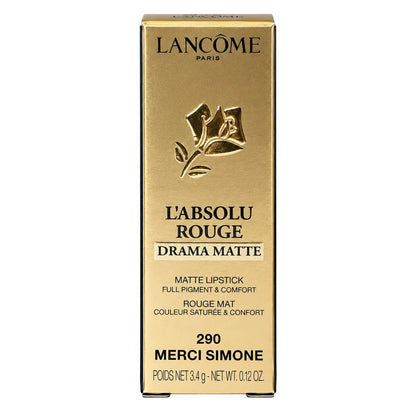 Lancôme Paris L'Absolu Rouge Drama Matte lipstick box in shade Merci Simone, featuring a metallic gold box with black text and a rose logo on a white background.