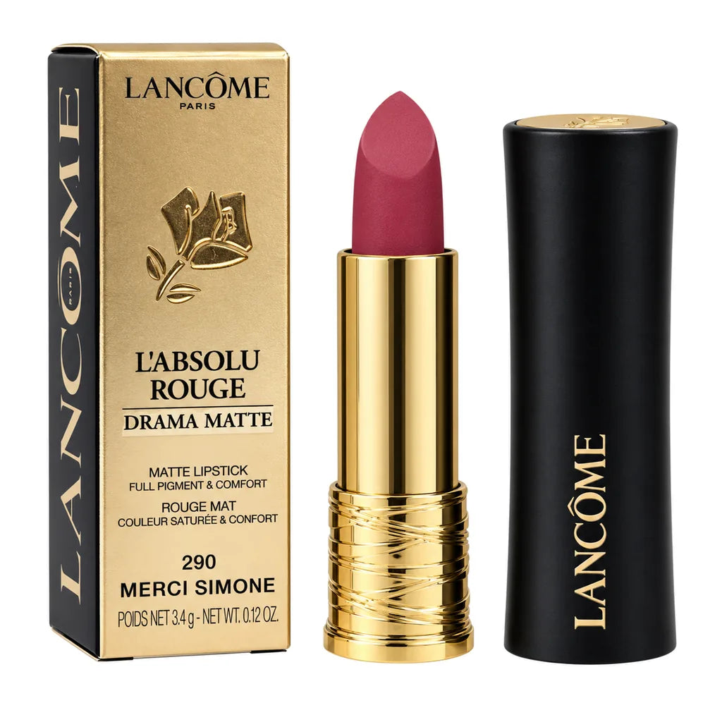 Lancôme L'Absolu Rouge Drama Matte lipstick in shade Merci Simone, shown with its gold and black packaging box, the lipstick tube with gold details, and its black cap on a white background.