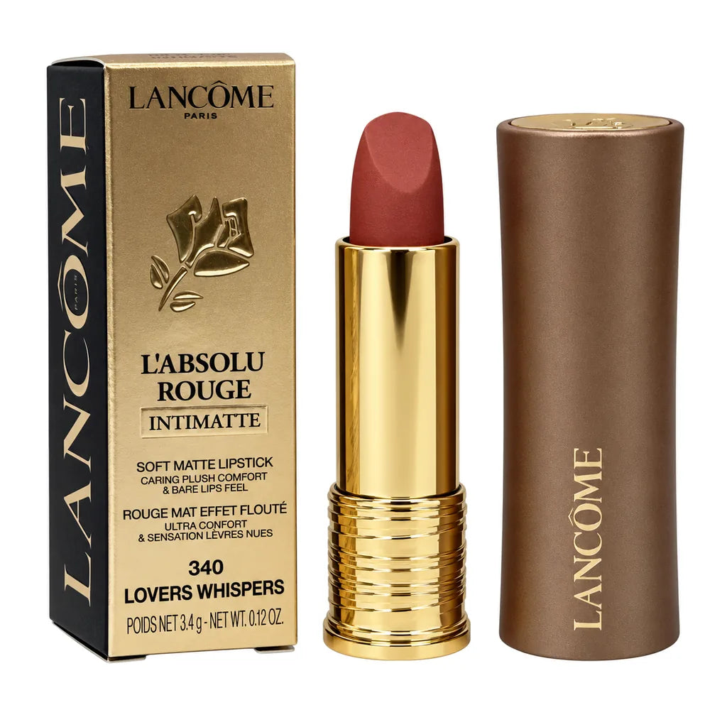 Lancôme L'Absolu Rouge Intimatée lipstick shown with its gold and black box, the open lipstick bullet with gold casing, and the brown outer tube on a white background.