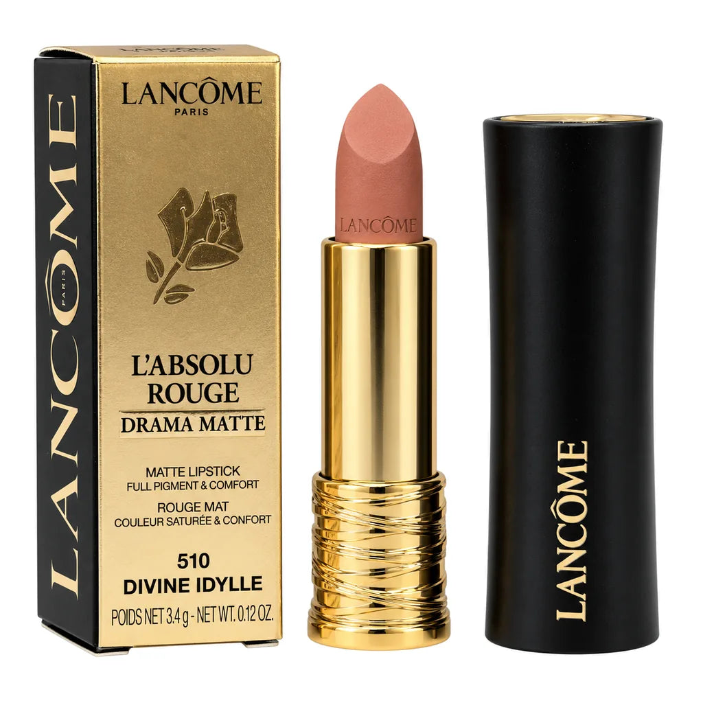 Lancôme L'Absolu Rouge Drama Matte lipstick in shade 510 Divine Idylle, shown with its gold and black packaging box, the lipstick bullet with gold cap, and the black tube with gold lettering on a white background.