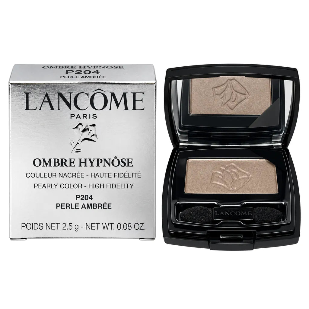 Lancôme Ombre Hypnôse P204 eyeshadow compact shown open next to its silver packaging box on a white background.