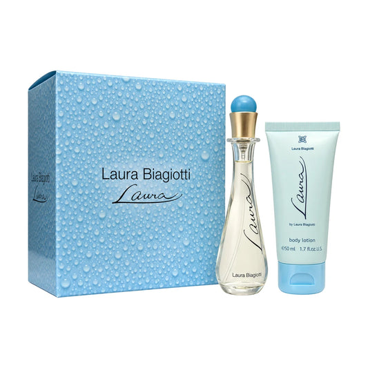 Laura by Laura Biagiotti 25ml EDT Spray & 50ml Body Cream Gift Set; Complete gift set with products arranged beside gift packaging