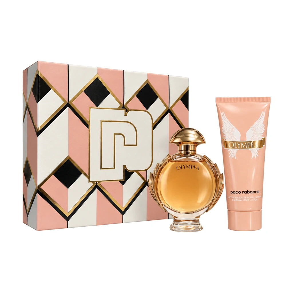 Paco Rabanne Olympea 50ml EDP + 75ml Body Lotion Gift Set – group with products alongside closed gift box