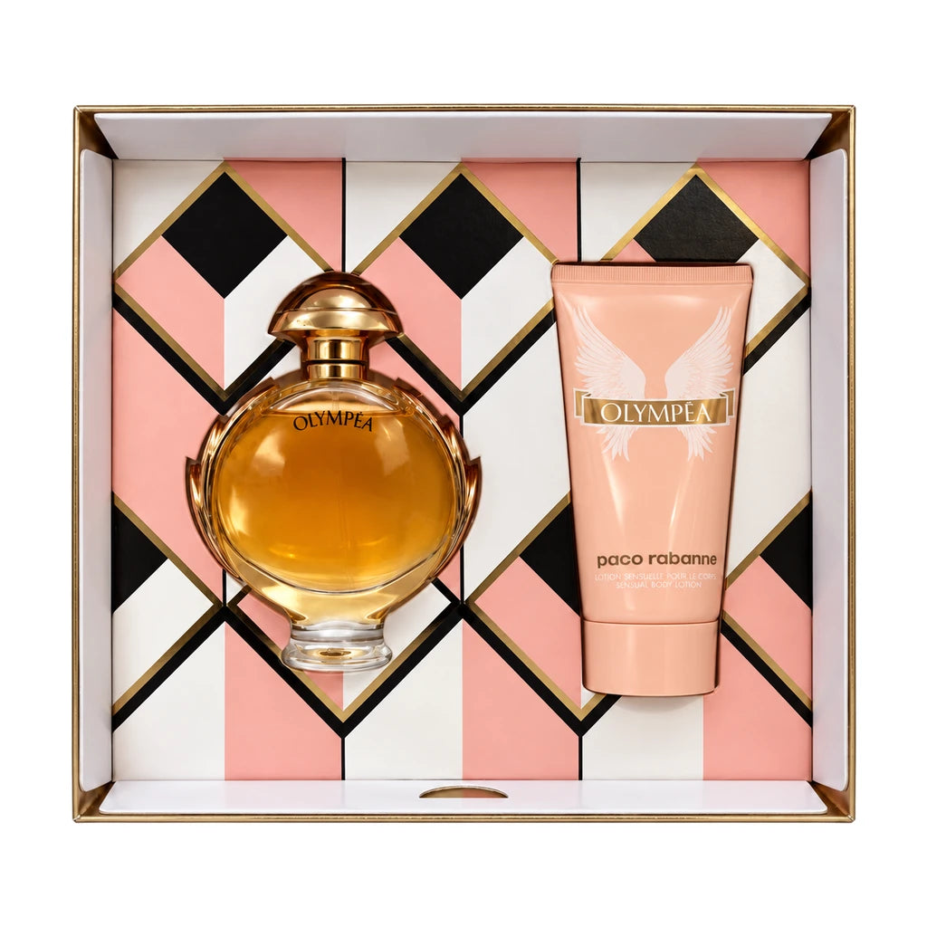 Paco Rabanne Olympea 50ml EDP + 75ml Body Lotion Gift Set – open presentation tray with all contents