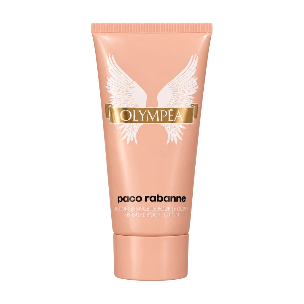 Paco Rabanne Olympea 50ml EDP + 75ml Body Lotion Gift Set – 75ml peach body lotion tube with white wings and gold OLYMPÉA band