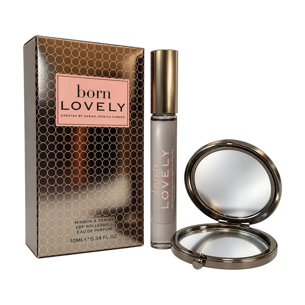 Sarah Jessica Parker Born Lovely 10ml EDP Rollerball & Mirror Gift Set; Complete gift set with products arranged beside gift packaging