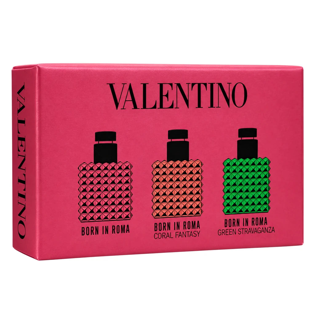 Valentino Born in Roma miniature gift set pink box showing Born in Roma, Coral Fantasy and Green Stravaganza