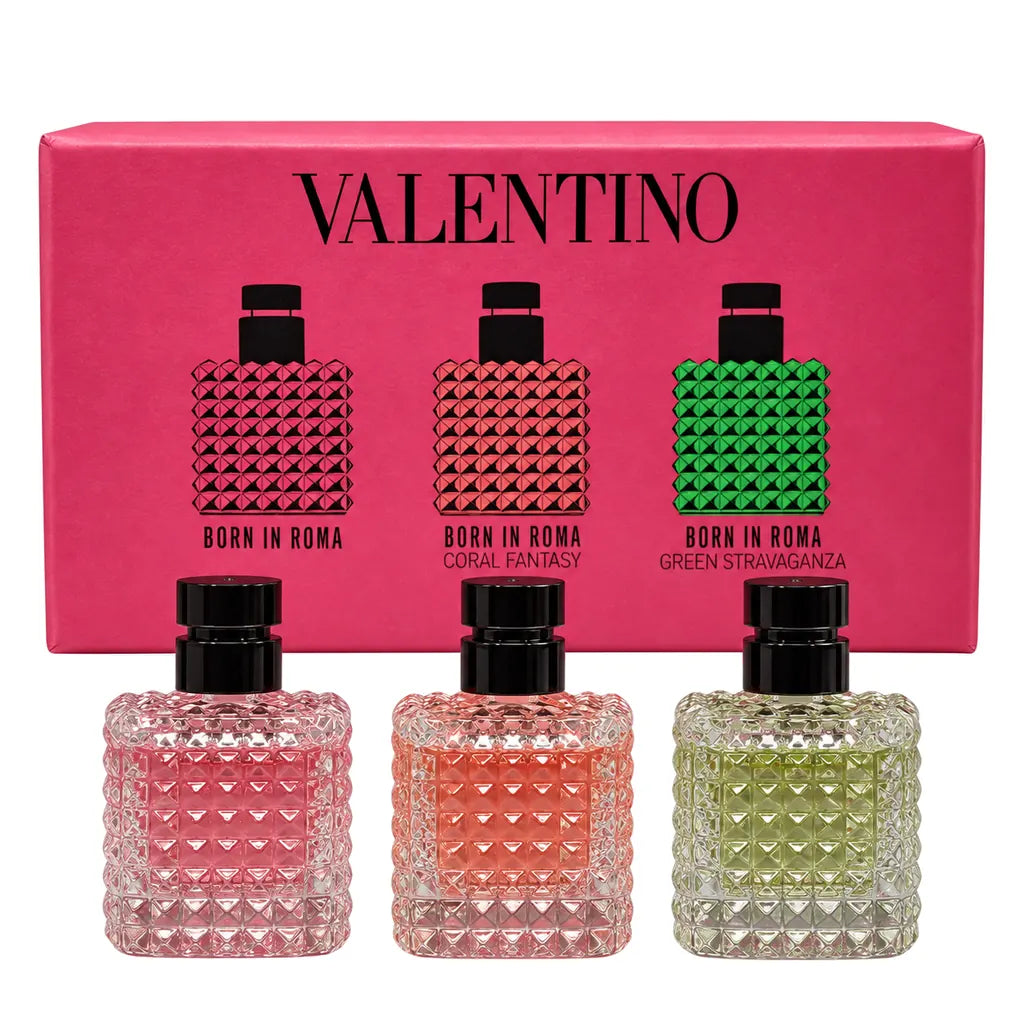 Valentino Born in Roma 3 x 6ml Eau de Parfum gift set with three miniatures and illustrated pink box